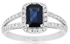 1.5CT DIAMOND & AAA SAPPHIRE 14KT WHITE GOLD EMERALD CUT & ROUND ENGAGEMENT RING