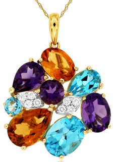 5.90CT DIAMOND & AAA MULTI GEM 14KT YELLOW GOLD CLUSTER FLOWER FLOATING PENDANT