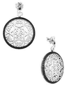 LARGE .93CT BLACK DIAMOND 18KT WHITE & BLACK GOLD OPEN FILIGREE HANGING EARRINGS