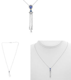 .34CT DIAMOND & AAA SAPPHIRE 14KT WHITE GOLD 3D PEAR SHAPE & ROUND LOVE NECKLACE