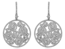 LARGE 4.18CT DIAMOND 18KT WHITE GOLD 3D MULTI CIRCULAR FLORAL HANGING EARRINGS
