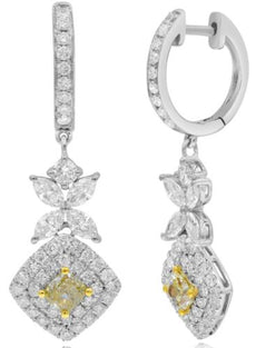 1.75CT WHITE & FANCY YELLOW DIAMOND 18KT 2 TONE GOLD MULTI SHAPE SQUARE EARRINGS