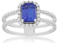 1.45CT DIAMOND & AAA TANZANITE 14K WHITE GOLD EMERALD CUT DOUBLE ENGAGEMENT RING