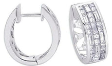 WIDE 1.4CT DIAMOND 14KT WHITE GOLD PRINCESS & BAGUETTE INVISIBLE HUGGIE EARRINGS