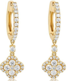 ESTATE .79CT DIAMOND 14KT YELLOW GOLD CLASSIC FLOWER FUN HUGGIE HANGING EARRINGS