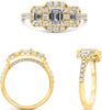 1.44CT DIAMOND 18KT YELLOW GOLD ROUND & EMERALD CUT PAST PRESENT FUTURE FUN RING