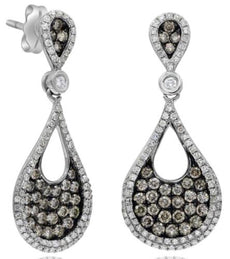 1.32CT WHITE & CHOCOLATE FANCY DIAMOND 14K WHITE GOLD TEAR DROP HANGING EARRINGS