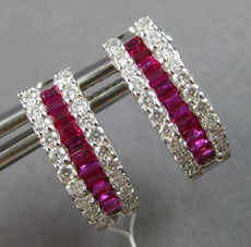 1.09CT DIAMOND & AAA RUBY 14KT WHITE GOLD THREE ROW HUGGIE HOOP HANGING EARRINGS