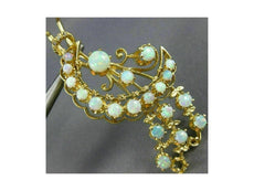 ANTIQUE LARGE .03CT DIAMOND & AAA OPAL 14KT YELLOW GOLD 3D FLOWER BROOCH PIN