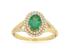 .95CT DIAMOND & AAA EMERALD 14KT YELLOW GOLD OVAL & ROUND HALO FLOWER FUN RING