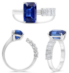 3.98CT DIAMOND & AAA SAPPHIRE 18KT WHITE GOLD CUSHION & EMERALD CUT TENSION RING