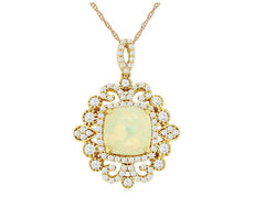 1.97CT DIAMOND & AAA OPAL 14KT YELLOW GOLD CUSHION & ROUND OPEN FILIGREE PENDANT