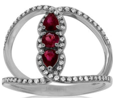 .72CT DIAMOND & AAA RUBY 14K WHITE GOLD ROUND & PEAR SHAPE 3 STONE HALO FUN RING