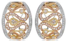 LARGE 1.22CT DIAMOND 18KT TRI COLOR GOLD ROUND & PEAR SHAPE FILIGREE EARRINGS