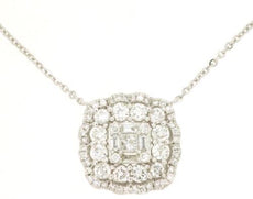 1.21CT DIAMOND 14KT WHITE GOLD 3D ROUND & BAGUETTE FLOWER SQUARE LOVE NECKLACE