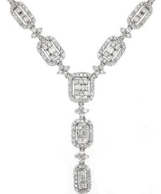 2.12CT DIAMOND 14KT WHITE GOLD 3D ROUND & BAGUETTE SQUARE FLOWER LARIAT NECKLACE