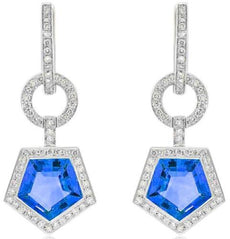 4.91CT DIAMOND & AAA BLUE TOPAZ 14KT WHITE GOLD PENTAGON HALO CIRCULAR EARRINGS