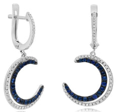1.05CT DIAMOND & AAA SAPPHIRE 14K WHITE GOLD 3D DOUBLE MOON FUN HANGING EARRINGS