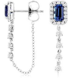 1.04CT DIAMOND & AAA TANZANITE 14KT WHITE GOLD EMERALD CUT HALO HANGING EARRINGS