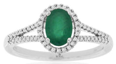0.95CT DIAMOND & AAA EMERALD 14KT WHITE GOLD 3D OVAL & ROUND FRIENDSHIP LOVE RING