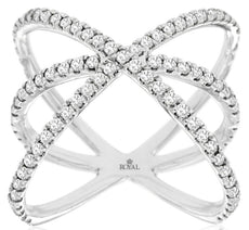 .76CT DIAMOND 14KT WHITE GOLD 3D MULTI ROW CRISS CROSS FLOWER ILLUSION FUN RING