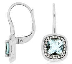 1.90CT DIAMOND & AAA AQUAMARINE 14KT WHITE GOLD CUSHION & ROUND HANGING EARRINGS