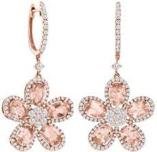 4.74CT DIAMOND & AAA MORGANITE 14KT ROSE GOLD OVAL & ROUND FUN HANGING EARRINGS