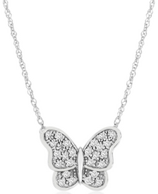 ESTATE .13CT 14KT WHITE GOLD 3D CLASSIC BUTTERFLY LOVE NECKLACE