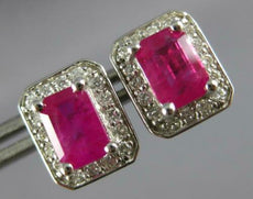 ESTATE 3.10CT DIAMOND & AAA RUBY 14KT WHITE GOLD EMERALD CUT HALO STUD EARRINGS