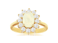 1.65CT DIAMOND & AAA OPAL 14KT YELLOW GOLD CLASSIC OVAL & ROUND FLOWER FUN RING