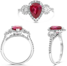 2.88CT DIAMOND & AAA RUBY PLATINUM 3D PEAR SHAPE & ROUND 3 STONE ENGAGMENT RING