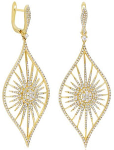 LARGE 2.27CT DIAMOND 14K YELLOW GOLD SUNBURST CLASSIC TEAR DROP HANGING EARRINGS