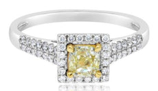 .81CT WHITE & FANCY YELLOW DIAMOND 14KT 2 TONE GOLD CUSHION & ROUND SQUARE RING