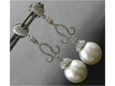 ESTATE LARGE 1.04CT DIAMOND & AAA SOUTH SEA PEARL 18KT WHITE GOLD 3D HANGING EARRINGS