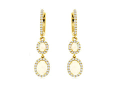 1.10CT DIAMOND & AAA OPAL 14KT YELLOW GOLD 3D OVAL HALO HUGGIE HANGING EARRINGS