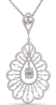 1.11CT DIAMOND 14K WHITE GOLD ROUND & BAGUETTE OPEN SQUARE LOVE FLOATING PENDANT