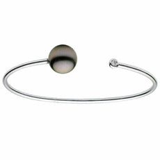 ESTATE .06CT DIAMOND & AAA TAHITIAN PEARL 18K WHITE GOLD 2 STONE BANGLE BRACELET