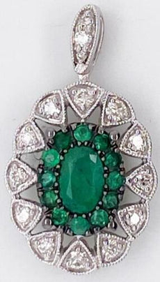 1.02CT DIAMOND & AAA EMERALD 14K WHITE GOLD OVAL & ROUND FLOWER FLOATING PENDANT