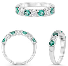 1.0CT DIAMOND & AAA EMERALD 14KT WHITE GOLD 3D ROUND CLASSIC 7 STONE LUCIDA RING
