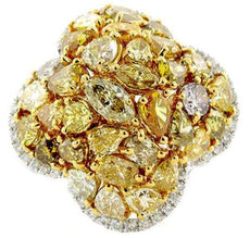 4.0CT WHITE & FANCY YELLOW DIAMOND 18KT WHITE GOLD 4 LEAF CLOVER FLOWER FUN RING