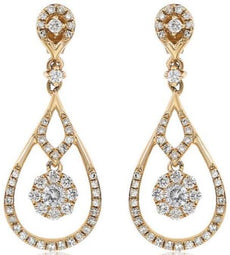 .82CT DIAMOND 14KT YELLOW GOLD 3D CLASSIC FLOWER TEAR DROP FUN HANGING EARRINGS