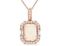 1.22CT DIAMOND & AAA OPAL 14KT ROSE GOLD ROUND & BAGUETTE HALO FLOATING PENDANT