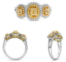 1.17CT WHITE & FANCY YELLOW DIAMOND 18KT 2 TONE GOLD OVAL & ROUND 3 STONE RING