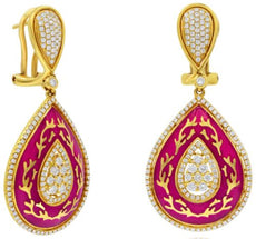 LARGE 1.26CT DIAMOND & RED ENAMEL 18KT YELLOW GOLD 3D TEAR DROP HANGING EARRINGS