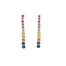 4.72CT AAA MULTI COLOR SAPPHIRE 14KT YELLOW GOLD 3D GRADUATING HANGING EARRINGS