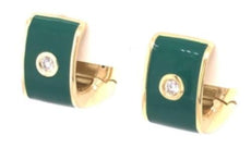 .05CT DIAMOND & GREEN ENAMEL 18KT YELLOW GOLD 3D SQUARE HUGGIE HANGING EARRINGS