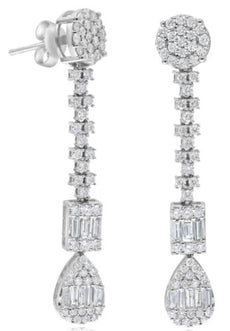 LARGE 1.76CT DIAMOND 14KT WHITE GOLD ROUND & BAGUETTE 2 ROW BY THE YARD EARRINGS