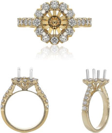 .96CT DIAMOND 14K 2 TONE GOLD 3D ROUND 4 PRONG FLORAL SEMI MOUNT ENGAGEMENT RING