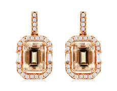 2.26CT DIAMOND & AAA MORGANITE 14KT ROSE GOLD ROUND & BAGUETTE HANGING EARRINGS