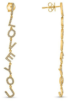 ESTATE .38CT DIAMOND 14KT YELLOW GOLD 3D I LOVE YOU FUN HANGING EARRINGS